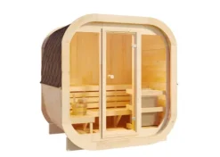 FinnTherm Fasssauna ScandiCube Mini XS Fasssauna 2 Sitzbänke aus Holz, Sauna mit 42 mm Wandstärke, Außensauna mit Montagematerial mit Glasfront, Naturbelassen 2x1,6m