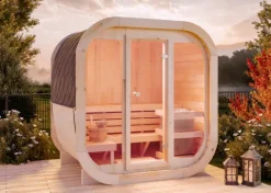 FinnTherm Fasssauna ScandiCube Mini XS Fasssauna 2 Sitzbänke aus Holz, Sauna mit 42 mm Wandstärke, Außensauna mit Montagematerial mit Glasfront, Naturbelassen 2x1,6m