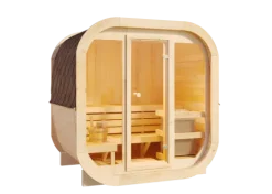 FinnTherm Fasssauna ScandiCube Mini XS Fasssauna 2 Sitzbänke aus Holz, Sauna mit 42 mm Wandstärke, Außensauna mit Montagematerial mit Glasfront, Naturbelassen 2x1,6m