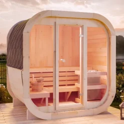 FinnTherm Fasssauna ScandiCube Mini XS Fasssauna 2 Sitzbänke aus Holz, Sauna mit 42 mm Wandstärke, Außensauna mit Montagematerial mit Glasfront, Naturbelassen 2x1,6m