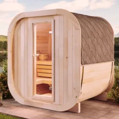 FinnTherm Fasssauna ScandiCube Mini XS Fasssauna 2 Sitzbänke aus Holz, Sauna mit 42 mm Wandstärke, Außensauna mit Montagematerial ohne Fenster, Naturbelassen 2x1,6m