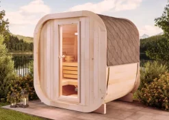 FinnTherm Fasssauna ScandiCube Mini XS Fasssauna 2 Sitzbänke aus Holz, Sauna mit 42 mm Wandstärke, Außensauna mit Montagematerial ohne Fenster, Naturbelassen 2x1,6m