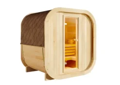 FinnTherm Fasssauna ScandiCube Mini XS Fasssauna 2 Sitzbänke aus Holz, Sauna mit 42 mm Wandstärke, Außensauna mit Montagematerial ohne Fenster, Naturbelassen 2x1,6m