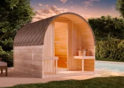FinnTherm Fasssauna ScandiPod Premium Fasssauna 2 Sitzbänke aus Holz, Sauna mit 42 mm Wandstärke, Außensauna mit Montagematerial ohne Fenster, Naturbelassen 2x2,8m