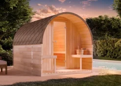 FinnTherm Fasssauna ScandiPod Premium Fasssauna 2 Sitzbänke aus Holz, Sauna mit 42 mm Wandstärke, Außensauna mit Montagematerial ohne Fenster, Naturbelassen 2x2,8m