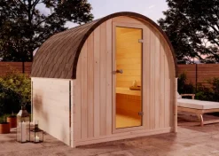 FinnTherm Fasssauna ScandiPod Comfort Fasssauna 2 Sitzbänke aus Holz, Sauna mit 42 mm Wandstärke, Außensauna mit Montagematerial ohne Fenster, Naturbelassen 2x2,2m