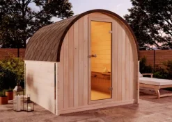 FinnTherm Fasssauna ScandiPod Comfort Fasssauna 2 Sitzbänke aus Holz, Sauna mit 42 mm Wandstärke, Außensauna mit Montagematerial ohne Fenster, Naturbelassen 2x2,2m