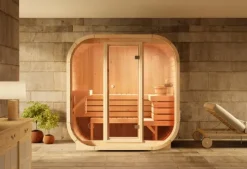 FinnTherm Innensauna Ellipso M Innensauna 4 Sitzbänke aus Holz, Saunakabine mit 42 mm Wandstärke, Dampfsauna mit Montagematerial, Naturbelassen