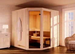 FinnTherm Innensauna Family Innensauna 2 Sitzbänke aus Holz, Saunakabine mit 72 mm Wandstärke, Dampfsauna mit Montagematerial, Naturbelassen 2,4x1,9m