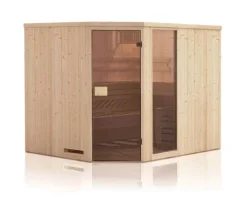 FinnTherm Innensauna Family Innensauna 2 Sitzbänke aus Holz, Saunakabine mit 72 mm Wandstärke, Dampfsauna mit Montagematerial, Naturbelassen 2,4x1,9m