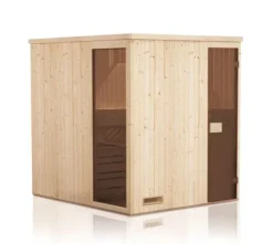 FinnTherm Innensauna Miranda Innensauna 3 Sitzbänke aus Holz, Saunakabine mit 72 mm Wandstärke Dampfsauna, Naturbelassen 2,4x2,4m