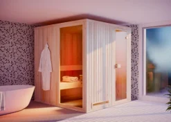 FinnTherm Innensauna Miranda Innensauna 3 Sitzbänke aus Holz, Saunakabine mit 72 mm Wandstärke Dampfsauna, Naturbelassen 2,4x2,4m