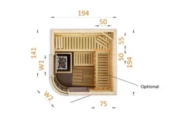 FinnTherm Innensauna Verve Innensauna 2 Sitzbänke aus Holz, Saunakabine mit 72 mm Wandstärke, Dampfsauna mit Montagematerial, Naturbelassen 1,9x1,9m
