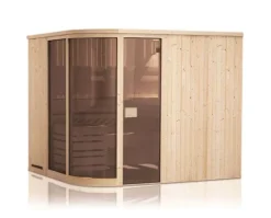 FinnTherm Innensauna Verve Innensauna 2 Sitzbänke aus Holz, Saunakabine mit 72 mm Wandstärke, Dampfsauna mit Montagematerial, Naturbelassen 2,4x1,9m