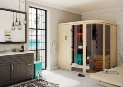 FinnTherm Innensauna Verve Innensauna 2 Sitzbänke aus Holz, Saunakabine mit 72 mm Wandstärke, Dampfsauna mit Montagematerial, Naturbelassen 2,4x1,9m