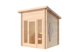 FinnTherm Saunahaus Lizzy XXS Gartensauna 2 Sitzbänke aus Holz, Sauna mit 40 mm Wandstärke, Außensauna mit Montagematerial, Naturbelassen