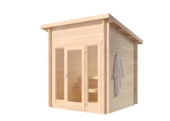 FinnTherm Saunahaus Lizzy XXS Gartensauna 2 Sitzbänke aus Holz, Sauna mit 40 mm Wandstärke, Außensauna mit Montagematerial, Naturbelassen
