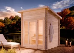 FinnTherm Saunahaus Lizzy XXS Gartensauna 2 Sitzbänke aus Holz, Sauna mit 40 mm Wandstärke, Außensauna mit Montagematerial, Naturbelassen