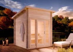 FinnTherm Saunahaus Lizzy XS Gartensauna 2 Sitzbänke aus Holz, Sauna mit 40 mm Wandstärke, Außensauna mit Montagematerial, Naturbelassen