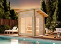 FinnTherm Saunahaus Lizzy XS Gartensauna 2 Sitzbänke aus Holz, Sauna mit 40 mm Wandstärke, Außensauna mit Montagematerial, Naturbelassen