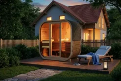 FinnTherm Comfort Set Fasssauna Ellipso M Fasssauna 4 Sitzbänke aus Holz Sauna mit 42 mm Wandstärke Außensauna