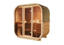 FinnTherm Comfort Set Fasssauna Ellipso M Fasssauna 4 Sitzbänke aus Holz Sauna mit 42 mm Wandstärke Außensauna