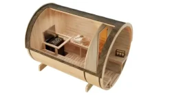 FinnTherm Fasssauna Carrie Fasssauna 2 Sitzbänke aus Holz, Sauna mit 42 mm Wandstärke, Außensauna mit Montagematerial, Naturbelassen