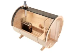 FinnTherm Fasssauna Carrie Fasssauna 2 Sitzbänke aus Holz, Sauna mit 42 mm Wandstärke, Außensauna mit Montagematerial, Naturbelassen