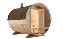 FinnTherm Fasssauna Carrie Fasssauna 2 Sitzbänke aus Holz, Sauna mit 42 mm Wandstärke, Außensauna mit Montagematerial, Naturbelassen
