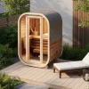 FinnTherm Fasssauna Ellipso S Fasssauna 2 Sitzbänke aus Holz Sauna mit 42 mm Wandstärke, Außensauna mit Montagematerial