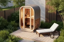 FinnTherm Fasssauna Ellipso S Fasssauna 2 Sitzbänke aus Holz Sauna mit 42 mm Wandstärke, Außensauna mit Montagematerial