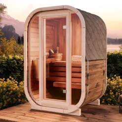 FinnTherm Fasssauna Ellipso S Fasssauna 2 Sitzbänke aus Holz Sauna mit 42 mm Wandstärke, Außensauna mit Montagematerial