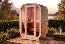 FinnTherm Fasssauna Ellipso S Fasssauna 2 Sitzbänke aus Holz Sauna mit 42 mm Wandstärke, Außensauna mit Montagematerial