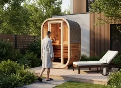 FinnTherm Fasssauna Ellipso S Fasssauna 2 Sitzbänke aus Holz Sauna mit 42 mm Wandstärke, Außensauna mit Montagematerial