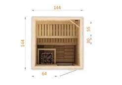FinnTherm Innensauna Cenik Innensauna 1 Sitzbänke aus Holz, Saunakabine mit 72 mm Wandstärke, Dampfsauna mit Montagematerial, Naturbelassen 1,4x1,4m