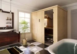FinnTherm Innensauna Cenik Innensauna 1 Sitzbänke aus Holz, Saunakabine mit 72 mm Wandstärke, Dampfsauna mit Montagematerial, Naturbelassen 1,4x1,4m