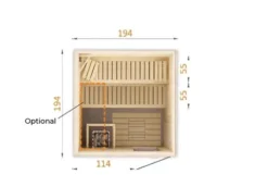 FinnTherm Innensauna Cenik Innensauna 2 Sitzbänke aus Holz, Saunakabine mit 72 mm Wandstärke, Dampfsauna mit Montagematerial, Naturbelassen 1,9x1,9m