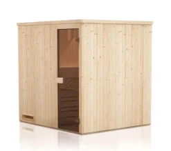 FinnTherm Innensauna Cenik Innensauna 2 Sitzbänke aus Holz, Saunakabine mit 72 mm Wandstärke, Dampfsauna mit Montagematerial, Naturbelassen 1,9x1,9m
