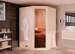 FinnTherm Innensauna Corner Innensauna 2 Sitzbänke aus Holz, Saunakabine mit 72 mm Wandstärke, Dampfsauna mit Montagematerial, Naturbelassen 1,9x1,8m