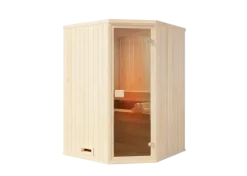 FinnTherm Innensauna Corner Innensauna 2 Sitzbänke aus Holz, Saunakabine mit 72 mm Wandstärke, Dampfsauna mit Montagematerial, Naturbelassen 2,4x1,9m