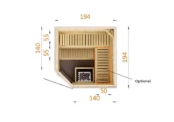 FinnTherm Innensauna Corner Innensauna 2 Sitzbänke aus Holz, Saunakabine mit 72 mm Wandstärke, Dampfsauna mit Montagematerial, Naturbelassen 1,9x1,9m