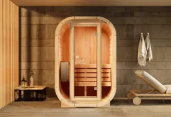 FinnTherm Innensauna Ellipso S Innensauna 2 Sitzbänke aus Holz, Saunakabine mit 42 mm Wandstärke, Dampfsauna mit Montagematerial, Naturbelassen