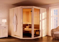 FinnTherm Innensauna Family Innensauna 3 Sitzbänke aus Holz, Saunakabine mit 72 mm Wandstärke, Dampfsauna mit Montagematerial, Naturbelassen 1,9x1,9m