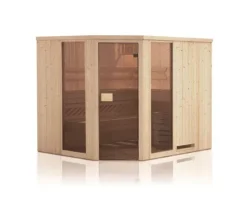 FinnTherm Innensauna Family Innensauna 3 Sitzbänke aus Holz, Saunakabine mit 72 mm Wandstärke, Dampfsauna mit Montagematerial, Naturbelassen 1,9x1,9m