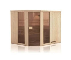 FinnTherm Innensauna Family Innensauna 3 Sitzbänke aus Holz, Saunakabine mit 72 mm Wandstärke, Dampfsauna mit Montagematerial, Naturbelassen 1,9x1,9m