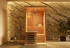 FinnTherm Innensauna Milla Innensauna 1 Sitzbänke aus Holz, Saunakabine mit 72 mm Wandstärke, Dampfsauna mit Montagematerial, Naturbelassen