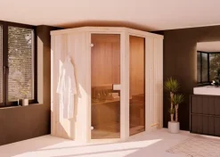 FinnTherm Innensauna Pearl Innensauna 2 Sitzbänke aus Holz, Saunakabine mit 72 mm Wandstärke, Dampfsauna mit Montagematerial, Naturbelassen 1,9x1,4m