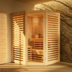 FinnTherm Innensauna Svala Innensauna 1 Sitzbänke aus Holz, Saunakabine mit 72 mm Wandstärke, Dampfsauna mit Montagematerial, Naturbelassen