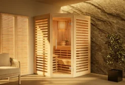 FinnTherm Innensauna Svala Innensauna 1 Sitzbänke aus Holz, Saunakabine mit 72 mm Wandstärke, Dampfsauna mit Montagematerial, Naturbelassen