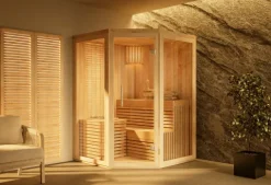 FinnTherm Innensauna Ylva Innensauna 1 Sitzbänke aus Holz, Saunakabine mit 72 mm Wandstärke, Dampfsauna mit Montagematerial, Naturbelassen